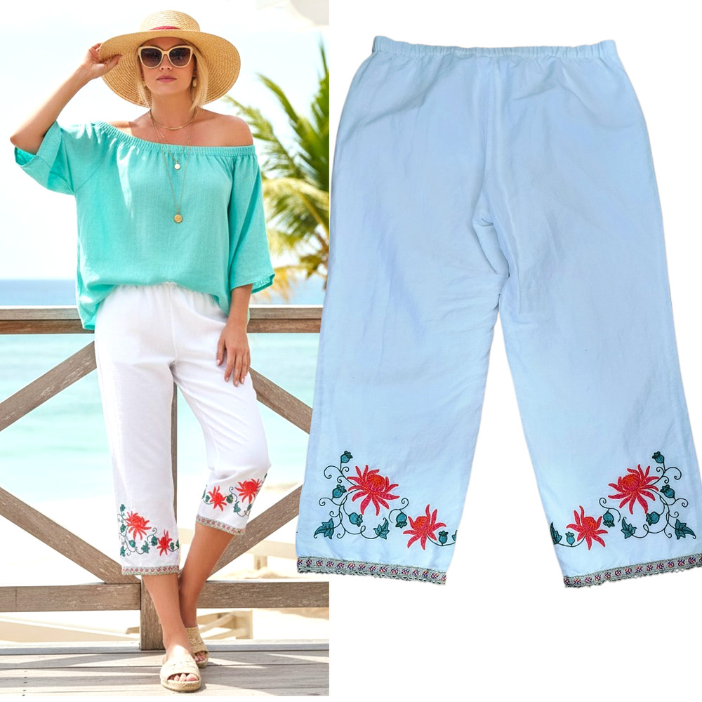 Soft Surroundings Linen Blend Capri pants Wmn's Sz PL White Embroidered Pull on